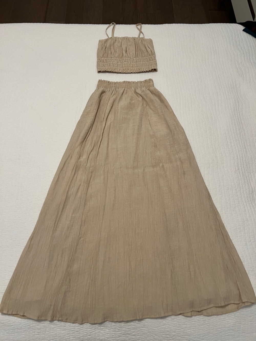 Women's Beige Gauze Two Piece - Crop Top & Maxi Skirt